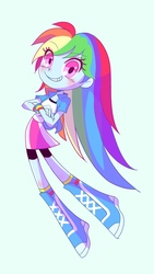 Size: 1500x2668 | Tagged: safe, artist:bbtasu, rainbow dash, human, equestria girls, g4, boots, clothes, compression shorts, cute, dashabetes, female, looking at you, moe, shoes, shorts, simple background, skirt, socks, solo