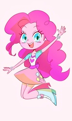 Size: 1500x2509 | Tagged: safe, artist:bbtasu, pinkie pie, human, equestria girls, g4, boots, clothes, cute, diapinkes, female, high heel boots, looking at you, moe, shoes, simple background, skirt, solo, waving