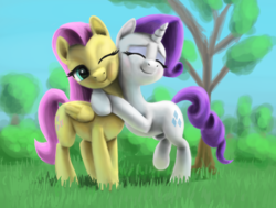 Size: 2710x2051 | Tagged: safe, artist:odooee, fluttershy, rarity, pegasus, pony, unicorn, g4, duo, eyes closed, female, folded wings, grass, high res, hug, mare, one eye closed, outdoors, smiling, tree