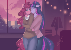 Size: 1856x1302 | Tagged: safe, artist:xjenn9, pinkie pie, twilight sparkle, anthro, g4, clothes, female, hug, indoors, lesbian, open mouth, pants, ship:twinkie, shipping, window