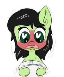 Size: 594x714 | Tagged: safe, artist:happy harvey, oc, oc only, oc:filly anon, pony, blushing, blushing profusely, chest fluff, cute, ear fluff, female, filly, heart eyes, holding, hoof hold, open mouth, paper, shaking, simple background, solo, transparent background, wingding eyes