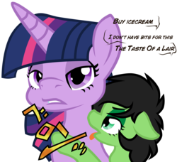 Size: 4840x4413 | Tagged: safe, artist:daku, twilight sparkle, oc, oc:filly anon, pony, g4, absurd resolution, dialogue, female, filly, floppy ears, jojo's bizarre adventure, licking, lidded eyes, nervous, open mouth, parody, simple background, the taste of a liar, tongue out, transparent background, vento aureo