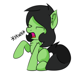 Size: 1400x1301 | Tagged: safe, artist:countryroads, oc, oc only, oc:filly anon, pony, chest fluff, cute, ear fluff, eyes closed, female, filly, onomatopoeia, open mouth, raised leg, simple background, sitting, solo, tired, transparent background, yawn