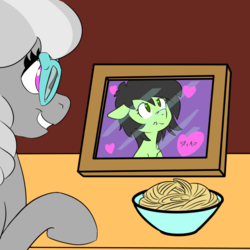 Size: 600x600 | Tagged: safe, silver spoon, oc, oc:filly anon, g4, bowl, crush, female, filly, food, glasses, grin, heart, lesbian, noodles, picture, picture frame, ramen, shipping, smiling, waifu dinner