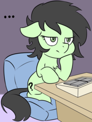 Size: 1154x1532 | Tagged: safe, artist:lockhe4rt, oc, oc only, oc:filly anon, earth pony, pony, ..., bored, chair, chest fluff, desk, escii keyboard, female, filly, floppy ears, frown, keyboard, sitting, solo