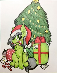 Size: 2504x3190 | Tagged: safe, oc, oc only, oc:filly anon, pony, blushing, candy, candy cane, card, chest fluff, christmas, christmas tree, cute, ear fluff, female, filly, food, hat, high res, holiday, looking at you, present, santa hat, sitting, solo, tree