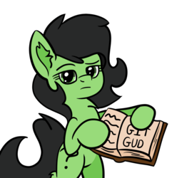 Size: 900x935 | Tagged: safe, artist:countryroads, oc, oc only, oc:filly anon, pony, bipedal, book, chest fluff, ear fluff, female, filly, frown, git gud, holding, hoof hold, looking at you, simple background, solo, transparent background