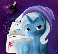 Size: 1024x956 | Tagged: safe, artist:com3tfire, trixie, pony, g4, cape, card, clothes, female, hat, mare, solo, top hat, trixie's cape, wand