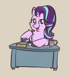 Size: 2000x2200 | Tagged: safe, artist:neyonic, starlight glimmer, pony, unicorn, g4, cheek fluff, chest fluff, coffee mug, cute, female, fluffy, glimmerbetes, guidance counselor, high res, looking at you, mare, mug, open mouth, paper, simple background, smiling, solo, unshorn fetlocks