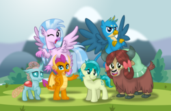 Size: 2000x1294 | Tagged: safe, artist:aleximusprime, gallus, ocellus, sandbar, silverstream, smolder, yona, changedling, changeling, classical hippogriff, dragon, earth pony, griffon, hippogriff, pony, yak, g4, school daze, season 8, crossed arms, cute, diaocelles, diastreamies, dragoness, female, gallabetes, looking at you, male, one eye closed, open mouth, print, sandabetes, scenery, smiling, smolderbetes, student six, teenager, wink, yonadorable