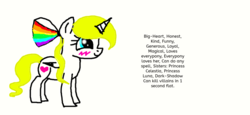 Size: 1006x464 | Tagged: safe, oc, oc only, oc:big-heart, alicorn, pony, alicorn oc, blushing, bow, heart, mary sue, rainbow