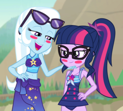 Size: 1044x944 | Tagged: safe, artist:sketchmcreations, artist:themexicanpunisher, edit, edited screencap, screencap, trixie, twilight sparkle, equestria girls, equestria girls specials, g4, my little pony equestria girls: better together, my little pony equestria girls: forgotten friendship, blush sticker, blushing, clothes, duo, female, hand on hip, lesbian, sci-twi swimsuit, ship:twixie, shipping, sunglasses, sunglasses on head, swimsuit