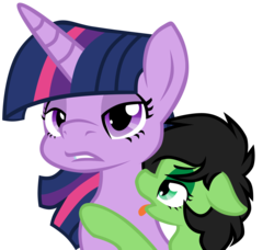 Size: 4840x4413 | Tagged: safe, artist:daku, twilight sparkle, oc, oc:filly anon, pony, g4, absurd resolution, exploitable, female, filly, floppy ears, jojo's bizarre adventure, licking, lidded eyes, nervous, open mouth, parody, simple background, the taste of a liar, tongue out, transparent background, vento aureo
