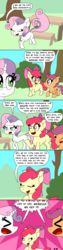 Size: 1000x4000 | Tagged: safe, artist:bjdazzle, apple bloom, scootaloo, sweetie belle, earth pony, pegasus, pony, unicorn, g4, the show stoppers, bandage, bench, blank flank, breaking the fourth wall, comic, cutie mark crusaders, dusting, female, filly, meta, michelle creber, music notes, prehensile tail, singing, sweat, sweatdrop, sweeping, sweepy belle, table, unamused, voice actor joke, yelling