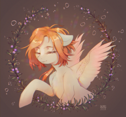 Size: 1567x1462 | Tagged: safe, artist:dagmell, oc, oc only, pegasus, pony, flower, red hair, red mane, solo