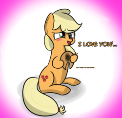 Size: 3170x3070 | Tagged: safe, artist:artiks, applejack, earth pony, pony, g4, applejack's hat, bronybait, cowboy hat, dialogue, female, hat, high res, i love you, mare, simple background, solo, whispering