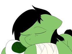 Size: 3000x2250 | Tagged: safe, artist:slowanon, oc, oc:filly anon, earth pony, pony, bandage, bandages on wrist, eyes closed, female, filly, high res, implied self harm, pillow, sleeping