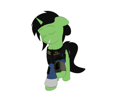 Size: 3000x2250 | Tagged: safe, artist:slowanon, edit, oc, oc only, oc:filly anon, earth pony, pony, unicorn, fallout equestria, clothes, eyes closed, fanfic, fanfic art, female, filly, floppy ears, foal, grin, hair bun, happy, high res, hooves, horn, jumpsuit, one leg raised, pipbuck, recolor, security armor, simple background, smiling, solo, standing, teeth, vault security armor, vault suit, white background