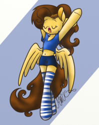 Size: 800x1010 | Tagged: safe, artist:mimicproductions, oc, oc only, oc:mimic, pegasus, anthro, clothes, pants, shirt, socks, solo, striped socks, t-shirt