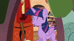 Size: 1920x1080 | Tagged: safe, screencap, twilight sparkle, alicorn, pony, g4, twilight time, animated, broom, cute, female, giggling, golden oaks library, happy, library, loop, mare, solo, sound, twiabetes, twilight sparkle (alicorn), webm