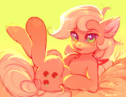 Size: 2135x1642 | Tagged: safe, artist:lispp, applejack, earth pony, pony, g4, :p, ear fluff, female, freckles, hatless, heart eyes, limited palette, looking at you, mare, missing accessory, on back, open mouth, silly, solo, tongue out, wingding eyes