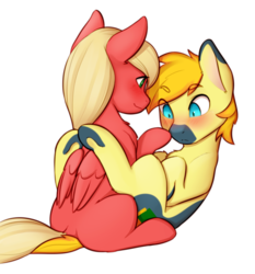 Size: 1862x2000 | Tagged: safe, artist:captainpudgemuffin, oc, oc only, oc:melodis, oc:yaktan, earth pony, pegasus, pony, :<, blushing, boop, chest fluff, couple, cute, dock, female, frown, leg fluff, legs in air, male, mare, melotan, misleading thumbnail, on back, simple background, sitting, smiling, stallion, surprised, underhoof, white background, wide eyes