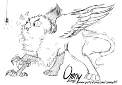 Size: 800x553 | Tagged: safe, artist:omny87, oc, oc only, oc:der, griffon, spider, behaving like a bird, birb, birds doing bird things, cheek fluff, chest fluff, fluffy, frown, glare, grayscale, leg fluff, lineart, monochrome, neck fluff, puffy cheeks, scared, shivering, sketch, solo, spread wings, tail fluff, threat display, wide eyes, wing fluff, wings