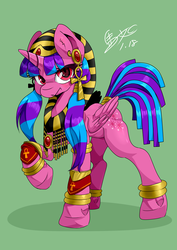Size: 2066x2923 | Tagged: safe, artist:馬文, oc, oc only, alicorn, pony, accessory, ankh, ear piercing, earring, egyptian, female, headdress, high res, jewelry, looking at you, mare, piercing, raised hoof, solo