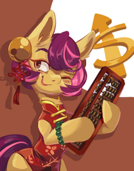 Size: 541x690 | Tagged: safe, artist:馬文, oc, oc only, semi-anthro, abacus, blushing, bracelet, cheongsam, chinese, clothes, dollar sign, dress, ear piercing, earring, eyeliner, female, jewelry, lipstick, makeup, mare, piercing, smiling, solo