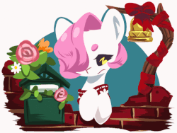 Size: 560x420 | Tagged: safe, artist:馬文, pony, animated, bell, blowing mane, clothes, crossed hooves, female, flower, gif, hair over one eye, lineless, mare, scarf, smiling, solo