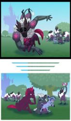 Size: 2060x3500 | Tagged: safe, artist:jackiebloom, fizzlepop berrytwist, grubber, tempest shadow, oc, oc only, oc:twilight moonstone, earth pony, hedgehog, pony, storm creature, unicorn, anthro, digitigrade anthro, unguligrade anthro, g4, my little pony: the movie, bandage, bandaid, broken horn, cheering, clothes, eye scar, female, filly, first aid, first aid kit, flag, foal, high res, holding, holding a pony, horn, magical lesbian spawn, mare, offspring, parent:rarity, parent:twilight sparkle, parents:rarilight, realistic horse legs, royal guard, scar, storm guard, straining, tempest becomes a royal guard, training, tree, tripping, twilight's castle