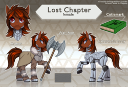 Size: 1480x1000 | Tagged: safe, artist:margony, oc, oc only, oc:lost chapter, cyborg, earth pony, pony, fallout equestria, armor, axe, commission, cutie mark, digital art, female, mare, reference sheet, signature, solo, war axe, weapon