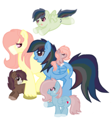 Size: 1112x1220 | Tagged: safe, artist:vitotie, oc, oc only, oc:chell, oc:heart steals, oc:ki, oc:lightning, oc:rose, oc:woody shy, earth pony, pegasus, pony, baby, baby pony, base used, family, female, flying, freckles, male, mare, oc x oc, offspring, offspring shipping, offspring's offspring, parent:big macintosh, parent:fluttershy, parent:oc:chell, parent:oc:woody shy, parent:rainbow dash, parent:soarin', parents:fluttermac, parents:soarindash, ponies riding ponies, riding, shipping, simple background, stallion, straight, unshorn fetlocks, white background