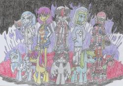 Size: 1755x1219 | Tagged: safe, artist:nephilim rider, oc, oc only, oc:heaven lost, oc:hera spellstrike, oc:phantom mist, oc:sky shield (hybrid), nephilim, traditional art