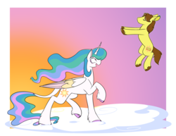 Size: 1500x1159 | Tagged: safe, artist:selective-yellow, princess celestia, oc, oc:baked bean, alicorn, classical unicorn, earth pony, pony, unicorn, fanfic:no nose knows, g4, cloud, cloven hooves, colored wings, fanfic art, female, gradient background, horn, illustration, leonine tail, male, mare, stallion, unshorn fetlocks