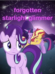 Size: 974x1302 | Tagged: safe, artist:php77, editor:php77, starlight glimmer, sunset shimmer, twilight sparkle, alicorn, pony, equestria girls, equestria girls specials, g4, my little pony equestria girls: better together, my little pony equestria girls: forgotten friendship, hug, sad, shooting star, stars, trio, twilight sparkle (alicorn)