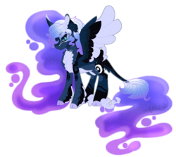Size: 1035x923 | Tagged: safe, artist:vintage-owll, princess luna, alicorn, pony, g4, alternate design, base used, chest fluff, cloven hooves, coat markings, colored wings, colored wingtips, curved horn, ethereal mane, female, horn, leonine tail, mare, redesign, simple background, solo, starry mane, transparent background, unshorn fetlocks