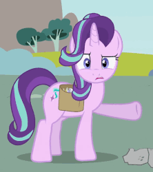Size: 424x478 | Tagged: safe, artist:forgalorga, starlight glimmer, pony, unicorn, give me your wings, g4, animated, breaking the fourth wall, confused, female, frown, gif, mare, open mouth, pointing, raised hoof, reaction image, saddle bag, solo, what the hay?, wtf face, youtube link