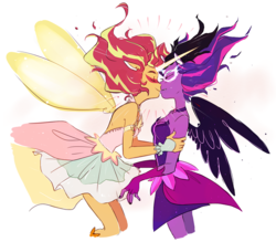 Size: 800x700 | Tagged: safe, artist:freshfriend, sci-twi, sunset shimmer, twilight sparkle, equestria girls, friendship games, g4, bare shoulders, daydream shimmer, duo, eyes closed, female, kiss on the lips, kissing, lesbian, midnight sparkle, midnightdaydream, ship:sci-twishimmer, ship:sunsetsparkle, shipping, simple background, sleeveless, strapless, white background