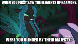Size: 861x485 | Tagged: safe, edit, edited screencap, screencap, mean twilight sparkle, queen chrysalis, alicorn, changeling, changeling queen, pony, g4, the mean 6, bowing, clone, discovery family logo, halo (series), image macro, meme, prophet of regret, reference, video game, video game reference