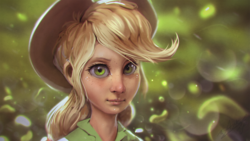 Size: 1200x675 | Tagged: safe, artist:assasinmonkey, applejack, human, equestria girls, g4, beautiful, big eyes, bust, clothes, cowboy hat, digital painting, equestria girls outfit, female, freckles, green, hat, humanized, lips, looking at you, messy hair, portrait, realistic, solo, stetson, uncanny valley, woman