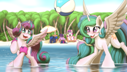Size: 3840x2160 | Tagged: safe, artist:ohemo, princess cadance, princess celestia, princess flurry heart, princess luna, twilight sparkle, alicorn, pony, 16:9, 4k, alicorn pentarchy, auntlestia, ball, beach, beach ball, beach umbrella, blushing, book, camera, covered, cute, cutedance, cutelestia, duo focus, eyes closed, female, filly, floaty, flurrybetes, hairband, high res, inflatable, island, leg fluff, looking at something, lunabetes, lying, mare, missing accessory, ocean, older, older flurry heart, on back, open mouth, outdoors, palm tree, playful, playing, princess, prone, raised leg, sand, sitting, sleeping, smiling, splashing, sports, spread wings, standing, summer, sweet dreams fuel, taking a photo, that pony sure does love books, tree, twiabetes, twilight sparkle (alicorn), umbrella, volleyball, wading, wall of tags, wallpaper, watching, water, water wings, wide eyes, wing fluff, wings, younger