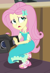 Size: 494x720 | Tagged: safe, screencap, fluttershy, equestria girls, g4, my little pony equestria girls: better together, outtakes (episode), camera, clothes, cropped, dress, feet, female, geode of fauna, sandals, solo