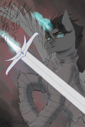Size: 1024x1536 | Tagged: safe, artist:zefirayn, oc, oc only, pony, unicorn, auction, commission, digital art, glowing horn, horn, male, solo, stallion, sword, weapon, your character here