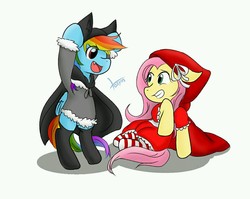 Size: 900x715 | Tagged: dead source, safe, artist:lazyin26, fluttershy, rainbow dash, pegasus, pony, g4, animal costume, clothes, costume, duo, female, little red riding hood, mare, scared, simple background, white background, wolf costume