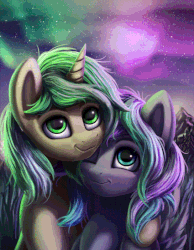 Size: 545x701 | Tagged: safe, artist:smowu, oc, oc only, oc:first edition, oc:silverstar, pegasus, pony, unicorn, animated, aurora borealis, bust, cinemagraph, duo, female, mare, night, night sky, portrait, shooting star, sky, smiling, starry night