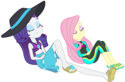 Size: 4141x2741 | Tagged: safe, artist:sketchmcreations, fluttershy, rarity, aww... baby turtles, equestria girls, g4, my little pony equestria girls: better together, belly button, bikini, clothes, duo, eyes closed, feet, female, flip-flops, fluttershy's wetsuit, geode of empathy, geode of fauna, geode of shielding, geode of sugar bombs, geode of super speed, geode of super strength, geode of telekinesis, hat, magical geodes, midriff, rarity's blue sarong, rarity's purple bikini, sandals, sarong, simple background, sun hat, sunbathing, swimsuit, transparent background, vector, wetsuit