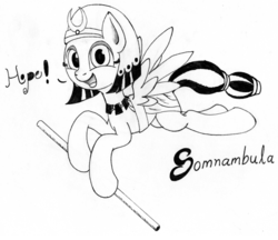 Size: 1676x1448 | Tagged: safe, artist:lunem0on, somnambula, pegasus, pony, g4, female, hope, hope (pole), lineart, mare, monochrome, pole, solo, staff, stick