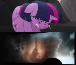 Size: 880x752 | Tagged: safe, edit, edited screencap, screencap, twilight sparkle, alicorn, brachiosaurus, pony, g4, my little pony: the movie, crying, death, feels, jurassic world, jurassic world: fallen kingdom, no i can't i ruined everything, sad, spoilers for another series, twilight sparkle (alicorn)