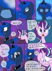 Size: 770x1038 | Tagged: safe, artist:emositecc, princess luna, starlight glimmer, alicorn, pony, unicorn, comic:empty halls, g4, comic, dialogue, duo, female, floppy ears, implied spike, implied twilight sparkle, magic, mare, moon, night, sigh